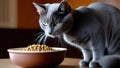 A gray cat with green eyes sniffs food in a bowl on the table. The pet is hungry and wants to eat. Home interior Royalty Free Stock Photo