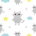 Gray cat head, hands. Cloud, star shape. Cute cartoon kawaii character. Baby pet collection. Seamless Pattern Wrapping paper, text Royalty Free Stock Photo