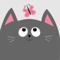 Gray cat head looking at butterfly insect. Cute cartoon character. Royalty Free Stock Photo