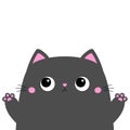 Gray cat holding paw print up. Cute head face silhouette icon. Pink little nose, ears. Big eyes. Cartoon kawaii baby character. Royalty Free Stock Photo