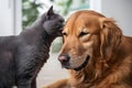 A gray cat nuzzles a golden retriever, showing affection and companionship