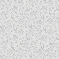 Gray cat, paw prints, fish, and hearts seamless and repeat pattern background