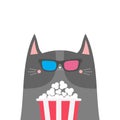 Gray cat and popcorn. Cinema theater. Cute cartoon funny character. Film show. Kitten watching movie in 3D glasses. Kids print for Royalty Free Stock Photo