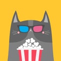 Gray cat and popcorn. Cinema theater. Cute cartoon funny character. Film show. Kitten watching movie in 3D glasses. Kids print for Royalty Free Stock Photo