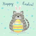 A gray cat in the rabbit`s ears sits and holds a yellow Easter egg. Happy easter. Royalty Free Stock Photo