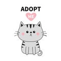 Gray cat silhouette. Adopt me. Pink heart. Pet adoption. Kawaii animal. Cute cartoon kitty character. Funny baby kitten. Help home