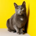 Gray cat sitting against a vibrant yellow background. Royalty Free Stock Photo