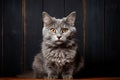 A Gray Cat Sitting On Top Of A Wooden Table