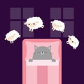 Gray cat sleeping. Jumping sheeps. Cant sleep going to bed concept. Counting sheep. Cute cartoon kawaii baby animal set. Blanket