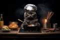 Gray cat wearing chef hat and cooking in kitchen with various pots and pans Royalty Free Stock Photo