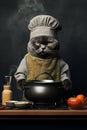 Gray cat wearing chef hat and cooking in kitchen with various pots and pans