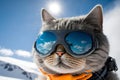 Gray cat wearing sunglasses on vacation on mountain. Winter active holiday snowboarding skiing. 3D illustration collage