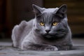 Gray cat with yellow eyes in a serene pose exudes tranquility and captivates with soft features