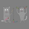 Gray cats fishing. Funny cat with a fishing rod in his hands catches fish. Vector illustration. Comics.. Cartoon. Royalty Free Stock Photo