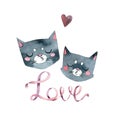 Gray cats kiss, pink word love heart, watercolor