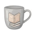 Gray Ceramic Mug with Stack of Beige Books Illustration on White Background Royalty Free Stock Photo