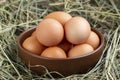 Gray chicken eggs in a clay bowl on a background of hay Royalty Free Stock Photo