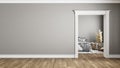 Gray classic interior with blank wall and bedroom. Royalty Free Stock Photo