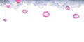 Gray clouds with pink lip prints, lipstick, kisses. Watercolor illustration. Seamless banner pattern from the