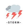 Gray clouds and red lightnings. Storm and thunderstorm weather. Natural disaster. Flat vector icon Royalty Free Stock Photo