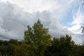 Gray clouds in the sky over green forest Royalty Free Stock Photo