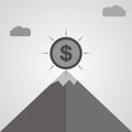 Gray coin on top of mountain. Business success concept. Flat design.