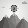 Gray coin on top of mountain. Business success concept. Flat design.