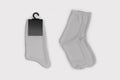 Gray color socks isolated on white background. Socks with tag for mockup. Royalty Free Stock Photo