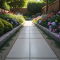 Gray color stepping tiles floor, strip line concrete pavement and green grass carpet lawn in a garden made