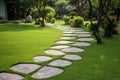 Concrete paving stone path in the park. Landscaping in the garden with a path lined with concrete tiles. Generative AI Royalty Free Stock Photo
