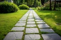 Concrete paving stone path in the park. Landscaping in the garden with a path lined with concrete tiles. Generative AI
