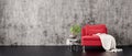 Gray concrete wall with red modern furniture, minimal interior design, 3d render Royalty Free Stock Photo