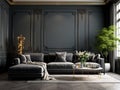 Gray corner sofa in room with black paneling walls. Neoclassical interior design of modern living room