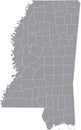 Gray counties map of Mississippi, USA Royalty Free Stock Photo