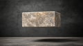 A gray cube with a rough texture floats in mid-air against a dark gray background. Royalty Free Stock Photo