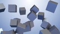 Gray cubes floating and rotating on gradient blue background