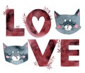 Gray cute cats kiss, heart, letters love pink