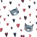 Gray cute cats kiss, many little hearts, seamless pattern