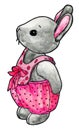 gray cute easter bunny standing dressed in a pink dress