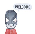 Gray Cute Kitten Dressed In Black British Bear Skin Hat And Dialog Cloud With English Phrase `Welcome`.