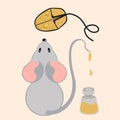 Gray cute mouse paints a computer mouse in yellow. Royalty Free Stock Photo