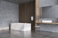 Gray and dark wooden bathroom, tub side