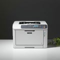 Gray desktop printer with controls on top, including a small display, buttons,