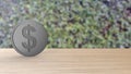 Gray dollar coin Isolated on table blur leaves background silver. 3d render isolated illustration, business, managment, risk,