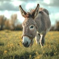 Gray donkey peacefully munches on green grass in a pasture Royalty Free Stock Photo