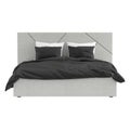 Gray double bed with black and white linen on a white background. Front view. 3d rendering