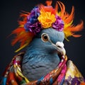 Vibrant And Surreal Fashion: Close-up Photo Of A Pigeon