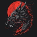 gray dragon on a background of red sun vector illustration in Chinese style Royalty Free Stock Photo