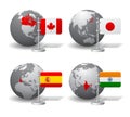 Gray Earth globes with designation of Canada, Japan, Spain and India