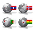 Gray Earth globes with designation of Laos, Norway, Algeria and